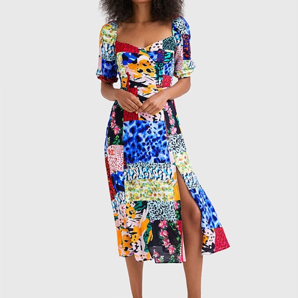 Desigual Dresses & Skirts - DESIGUAL Colorful Animal Print Patchwork Midi Dress Side Slit Smocked Back SM